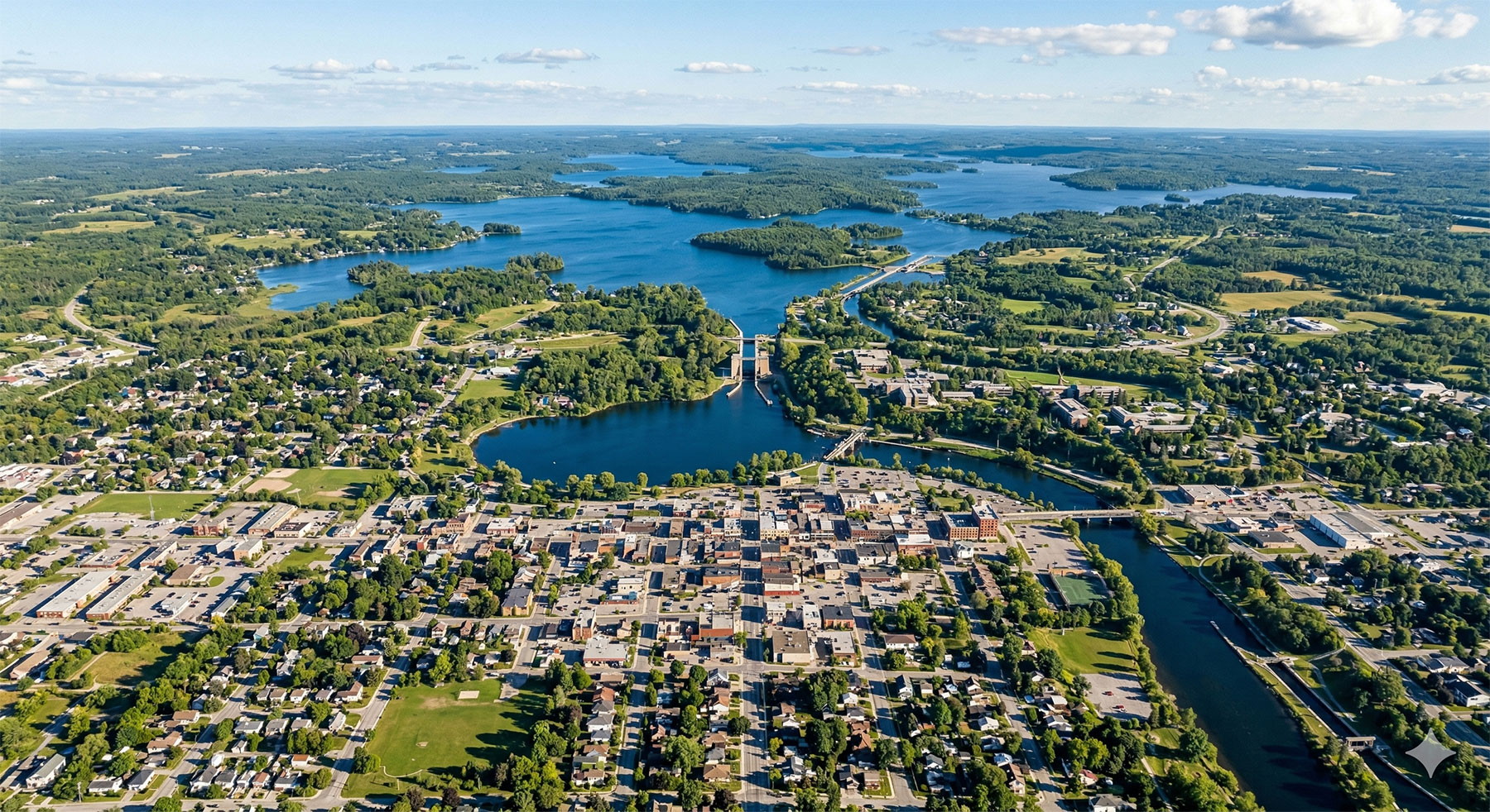 Aerial view of Peterborough, Ontario and the surrounding Kawartha lakes region