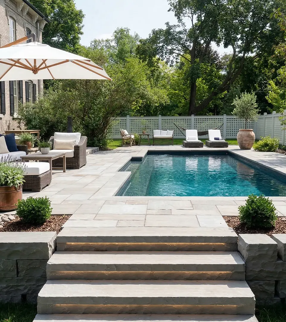Pool with integrated safety cover and stone patio edge