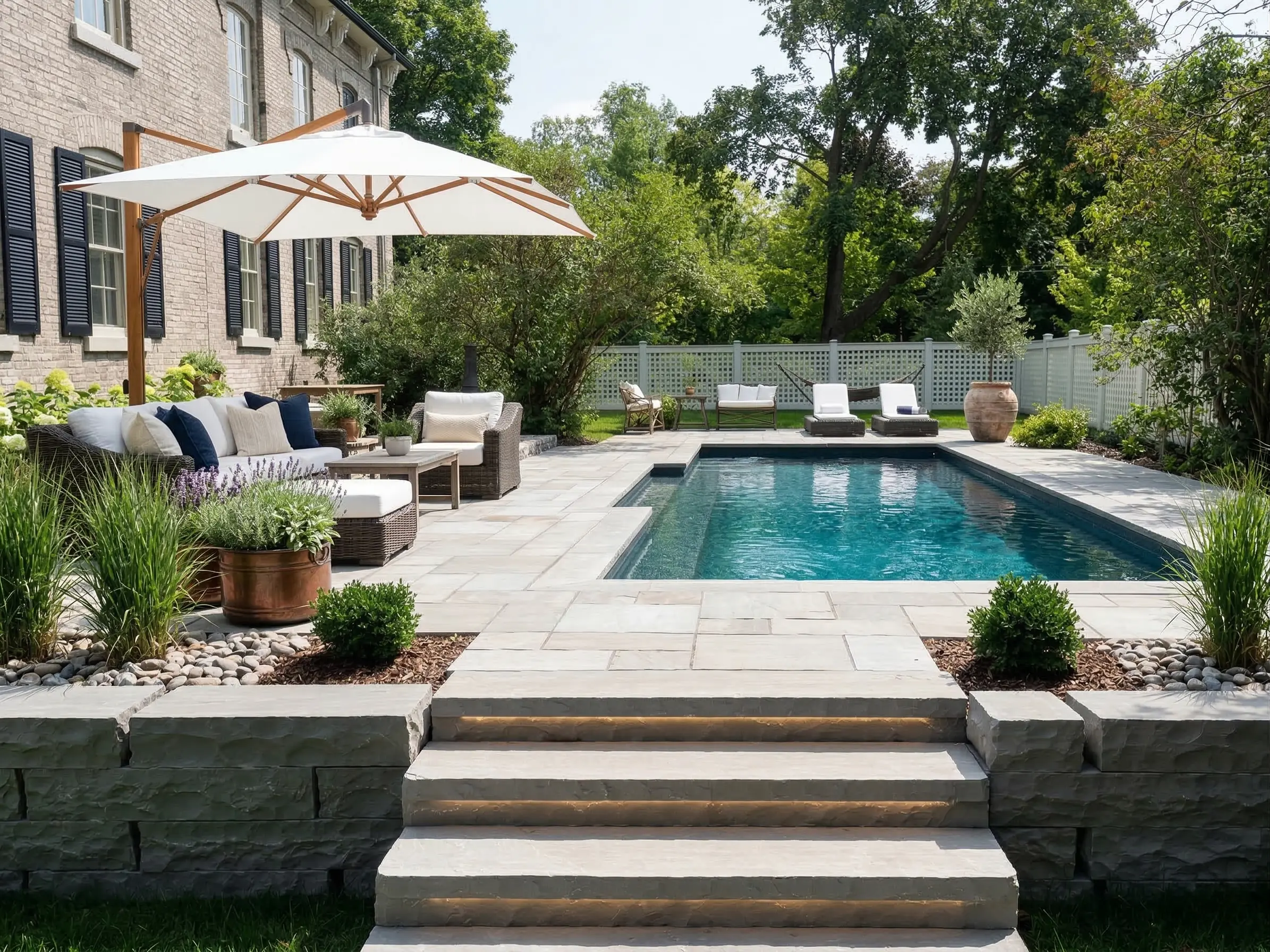 Completed luxury pool with natural stone patio and seating