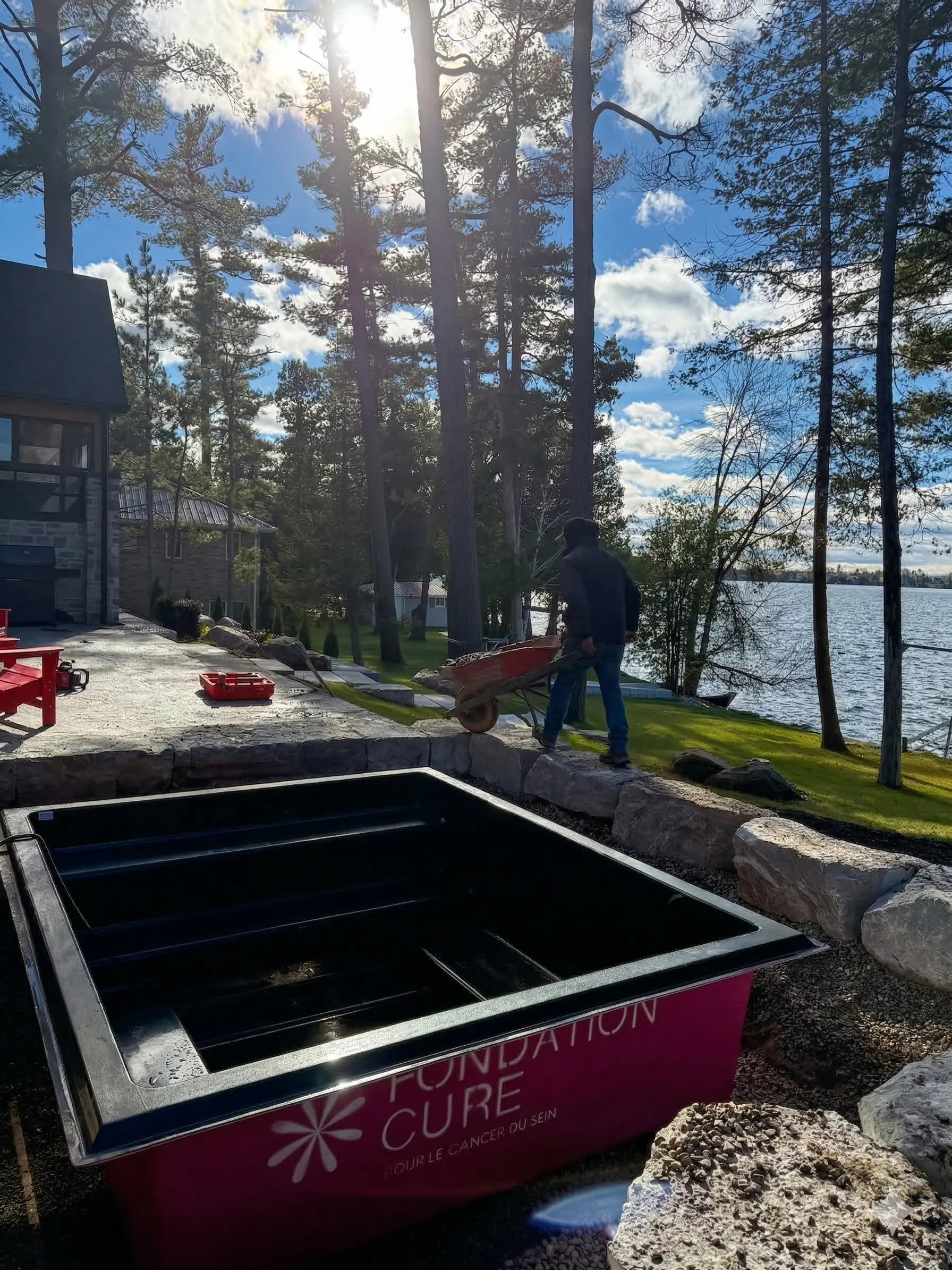 Waterfront pool and stone patio project in Central Ontario